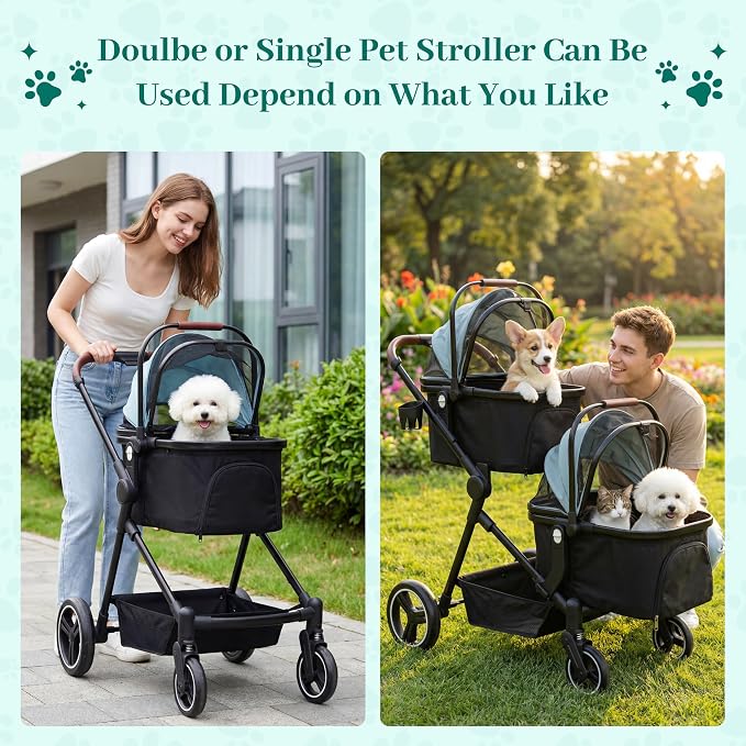 Foldable Double Pet Stroller for 2 Small Medium Cats Dogs | Convertible single/double | Detachable carriers | All-terrain wheels & shock | Safety brakes & tether | Breathable oxford
