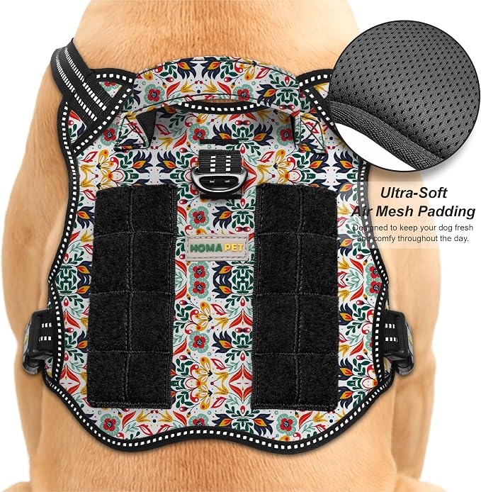 Homapet. Tactical Dog Harness with Dual Leash Attachment Points, Adjustable and Reflective Military Grade Dog Vest with Comfort Control Handle (Floral, XL)