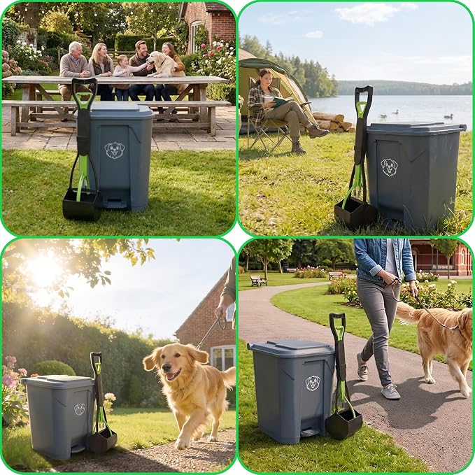 Outdoors Pet Waste Station 20L/5 Gallon Dog Poop Trash Can with Lid – Foot Pedal, Removable Inner Bin,Includes 200 Bonus Waste Bags & Long Handle Green Pooper Scooper