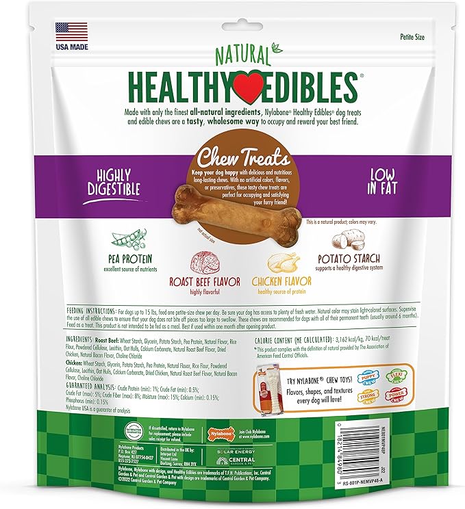 Nylabone Healthy Edibles Natural Dog Chews, Long Lasting Bones for Dogs, Roast Beef & Chicken Flavor Dog Treats, X-Small (48 Count)