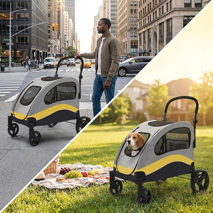 Garvee Extra Large Dog Stroller with Steel Pipe Frame, Wheels, Brakes, Shock Absorption, Foldable Design - Yellow
