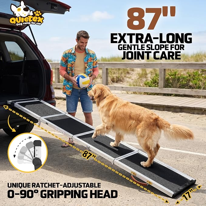 87” Dog Ramp for Car with Adjustable Head, Aluminum Alloy Foldable Large Dogs Pet Ramp for Truck 200 lbs, 17" Wide Dog Ramp for SUV