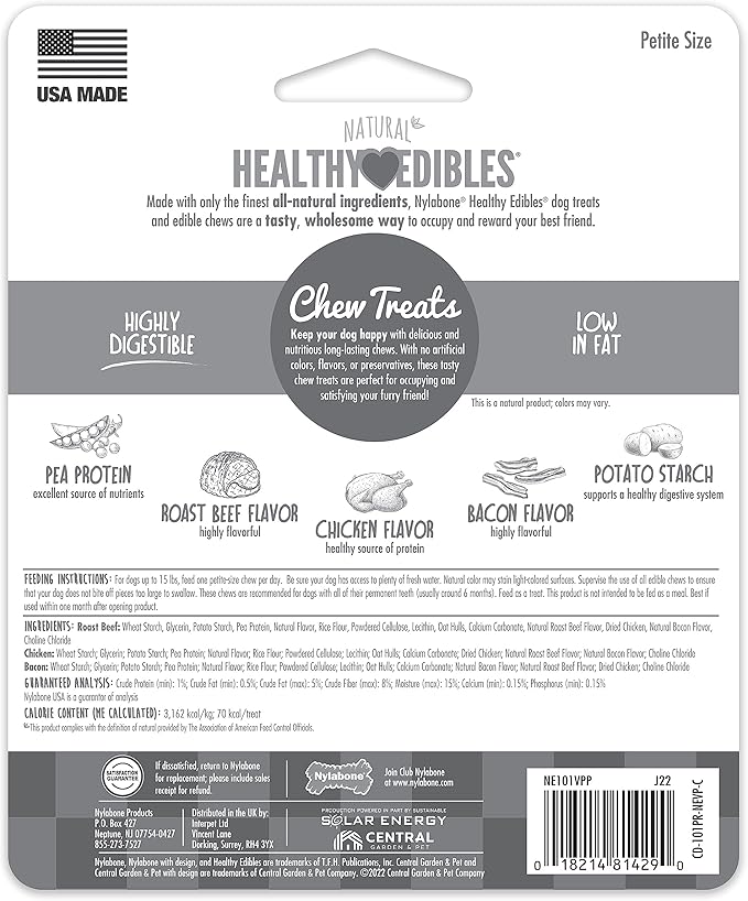 Nylabone Healthy Edibles Natural Dog Chews, Long Lasting Bones for Dogs, Roast Beef & Chicken Flavor Dog Treats, X-Small (3 Count)