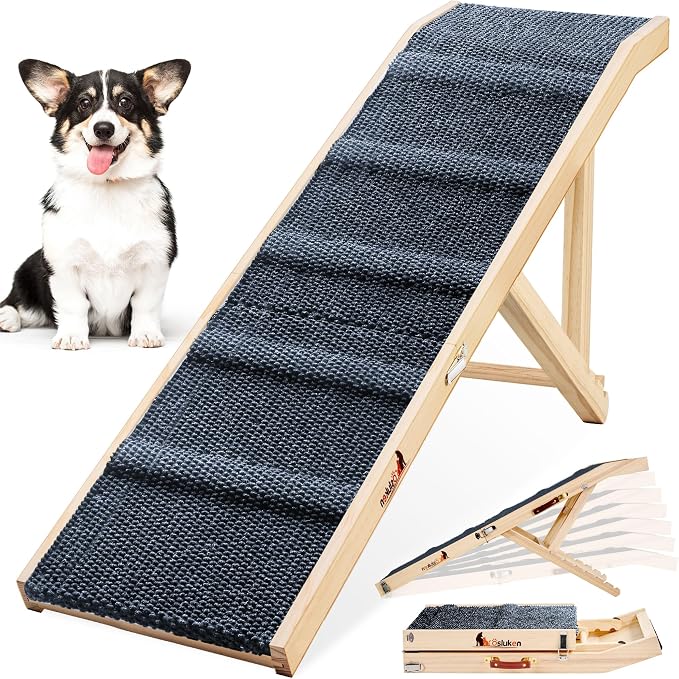 Dog Ramp for Couch, 49" Long Foldable Pet Ramp for Small Large Dogs, Dog Ramps for Bed, High Traction with Platform 6 Adjustable Heights 18" to 21.5" Up to 220LBS, Wood