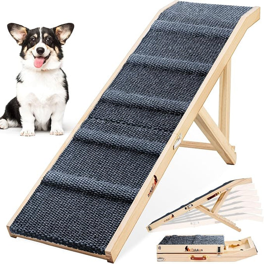 Dog Ramp for Couch, 49" Long Foldable Pet Ramp for Small Large Dogs, Dog Ramps for Bed, High Traction with Platform 6 Adjustable Heights 18" to 21.5" Up to 220LBS, Wood