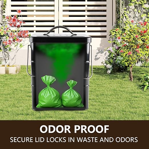 Metal Dog Poop Trash Can Outside,1.5Gal/6L Dog Waste Trash Can with Lid/Filter/Handle,Pet Waste Container Bucket with 75 Trash Bags-Black