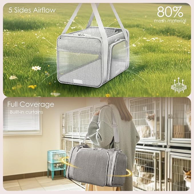 Top and 2 Sides Expandable Cat Carrier 18x11x11, TSA Airline Approved Dog Carriers for Small Dogs,Soft-Sided Pet Carrier with Self-Locking Zippers for Kitten,Rabbit, Puppy, Grey