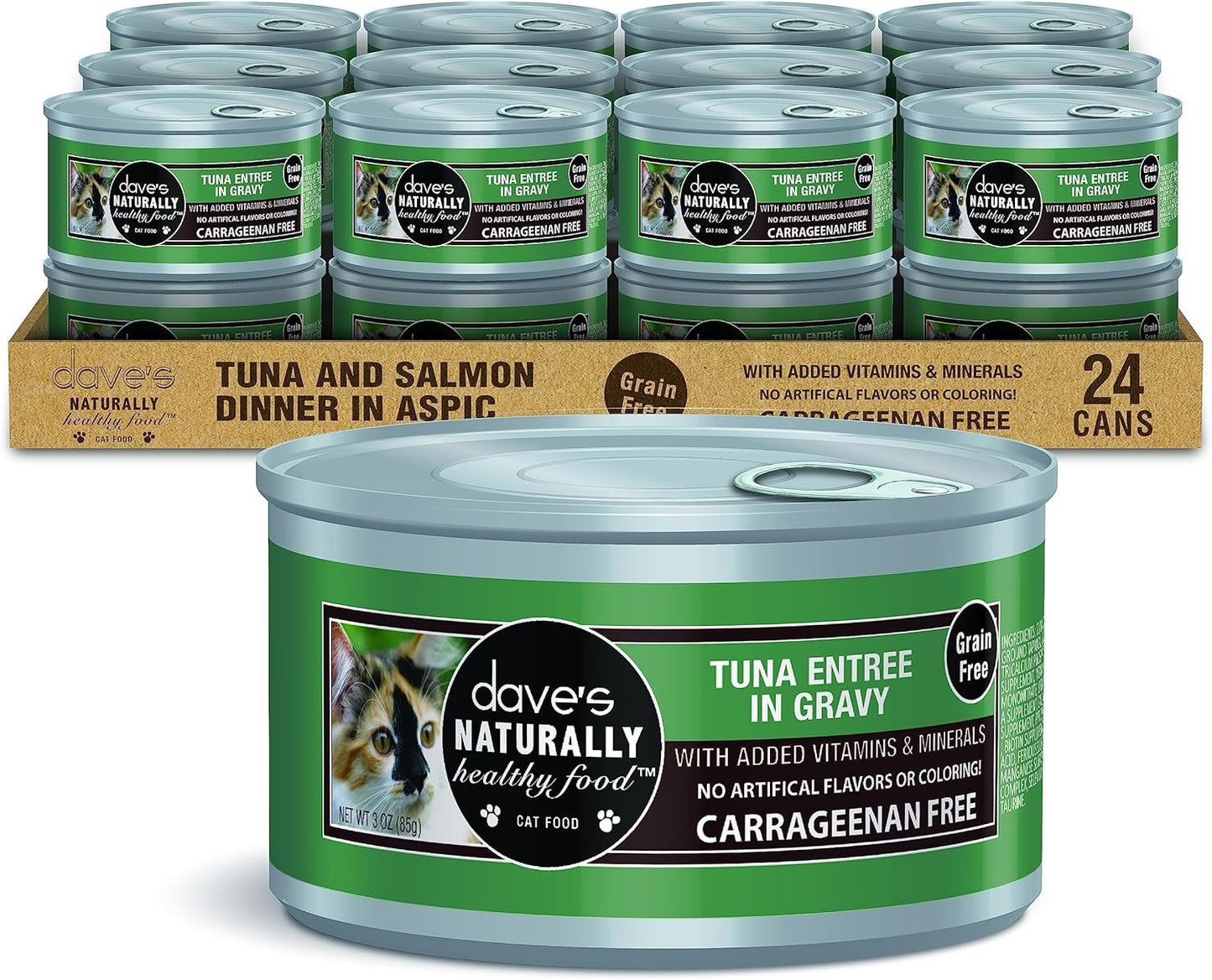 Dave's Pet Food Grain Free Wet Cat Food (Tuna Entrée in Gravy), Naturally Healthy Canned, Added Vitamins & Minerals, Wheat & Gluten-Free, 3 oz (24 Pack)