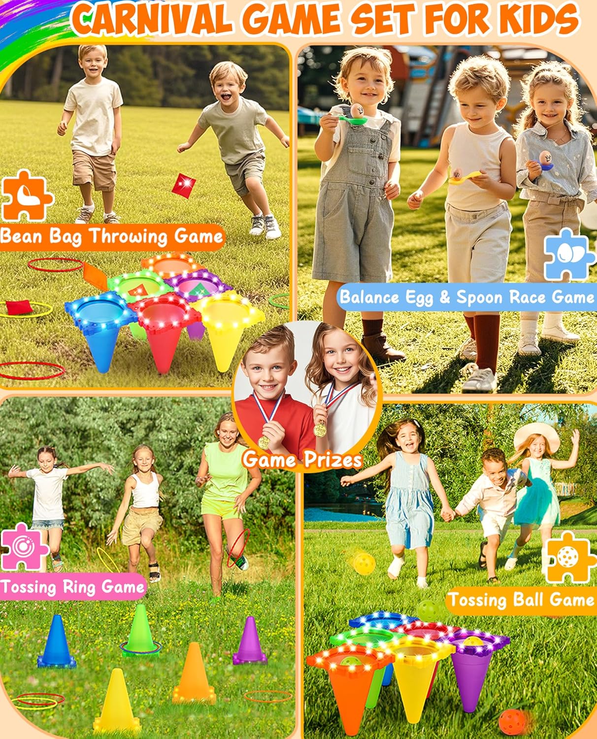 Eocolz 49PCS Carnival Games Outdoor Combo Set for Kids with LED Light, Plastic Cones Obstacle Course Bean Bags Balls Ring Toss Game Egg and Spoon Race Lawn Game, Gift for Birthday Party/Xmas/Easter