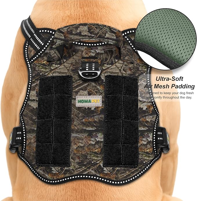 Homapet. Tactical Dog Harness with Dual Leash Attachment Points, Adjustable and Reflective Military Grade Dog Vest with Comfort Control Handle (Forest CAMO-S)