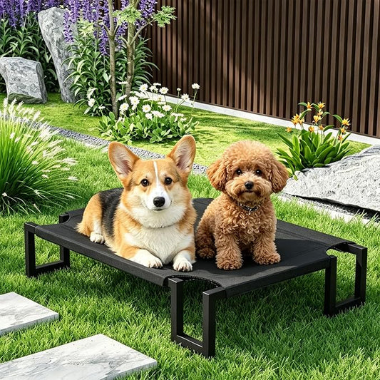 Elevated Dog Bed for Medium Sized Dogs,Raised Outdoor Dog Cot | Waterproof Cooling Pet Bed with Washable Cover,Breathable Teslin Mesh,Indoor & Outdoor,Durable,No-Slip Feet,Black 90×65×21cm