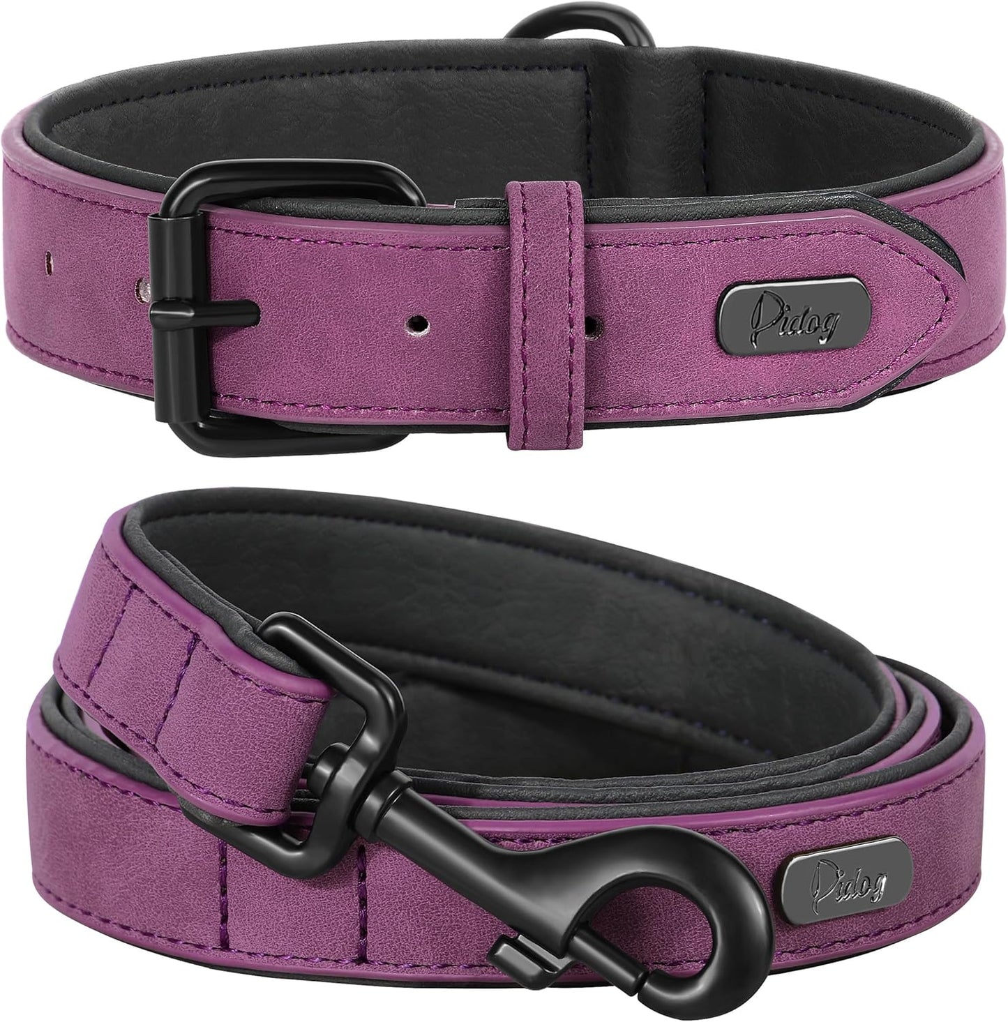 Didog Soft Padded Leather Dog Collar and Leash Set, Heavy Duty Dog Leash and Collar Set with Metal Buckle, Breathable Dog Collars with 4FT Leather Dog Leash for Small Medium Large Dogs, Purple, M