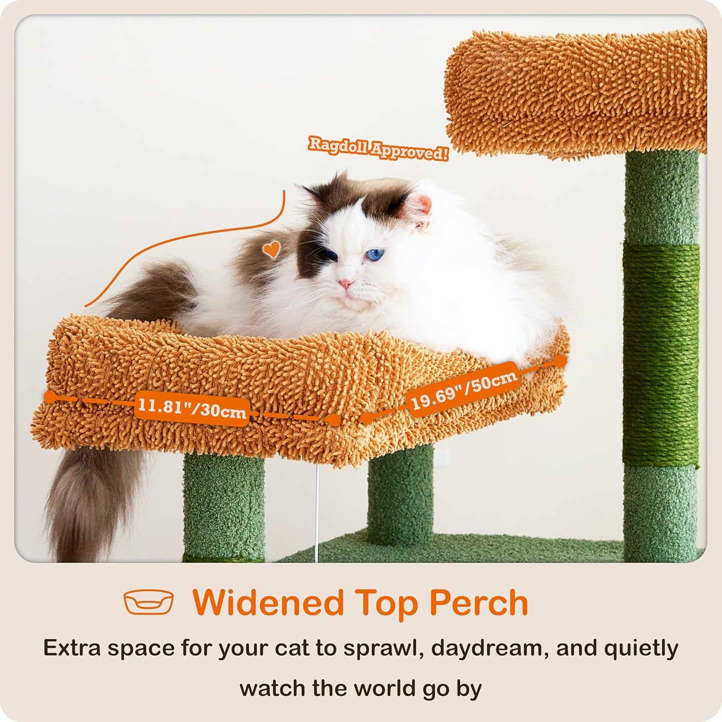 Ouritsu Cat Tree, 61 inch Tall Cat Tower for Large Cat Indoor, Enlarged Condo, 2 Padded Perches with 1 Widened, Large Hammock, Scratching Post and ramp, Fluffy Basket, Green, LF002GB