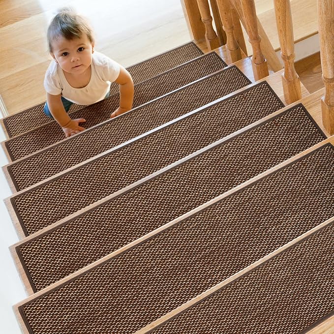 Stair Treads Non Slip for Wooden Steps Indoor 9" x 30" 15 Pack Extra Wide Stair Tread Carpet Stairs Runner, Step Pads with Reusable Adhesive for Dogs Kids Elders, Machine Washable, Brown