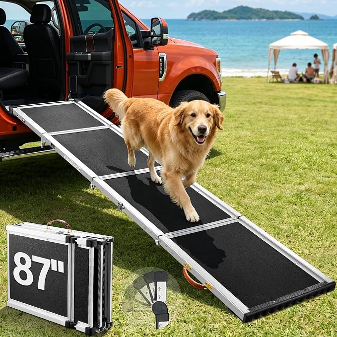 87” Dog Ramp for Car with Adjustable Head, Aluminum Alloy Foldable Large Dogs Pet Ramp for Truck 200 lbs, 17" Wide Dog Ramp for SUV