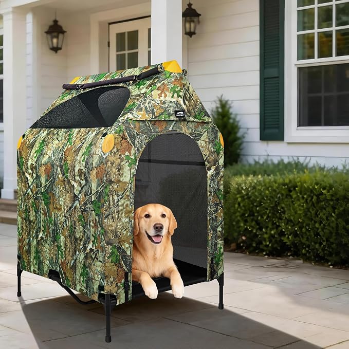 Privacy Outdoor Dog House & Elevated Bed 2-in-1, UPF50+ Sun Rain Protection, Breathable Camping Pet Tent with Cover, Portable for Indoor & Backyard Use（M）