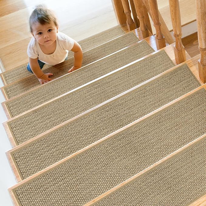 Stair Treads Non Slip for Wooden Steps Indoor 9" x 36" 4 Pack Extra Wide Stair Tread Carpet Stairs Runner, Step Pads with Reusable Adhesive for Dogs Kids Elders, Machine Washable, Beige