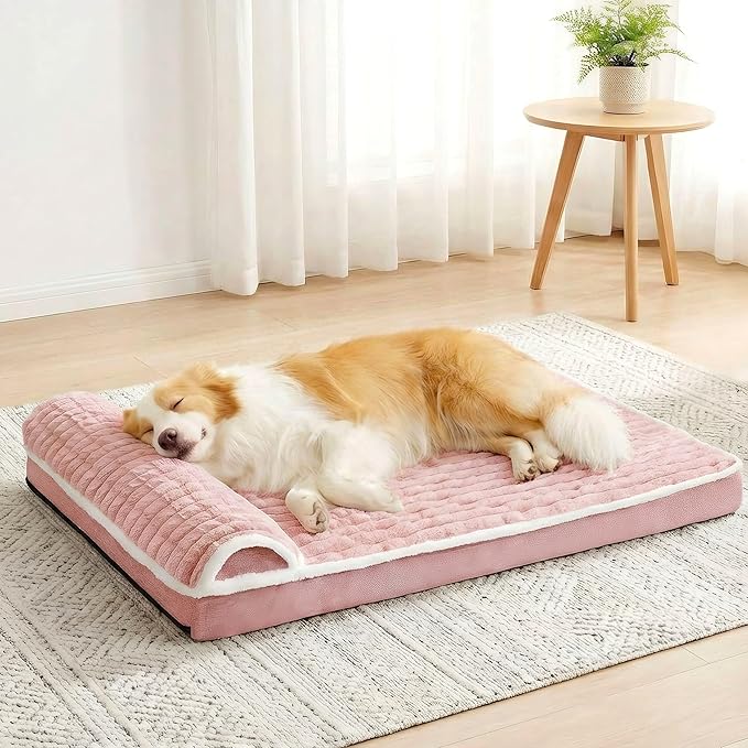 Orthopedic Large Dog Bed Pillow Pet Sofa Bed 42''X28'' Pink | Egg-Crate Foam Pet Couch Large Sized Dog, Waterproof Removable Washable Cover,Furry Puppy Crate Mat With Nonskid Bottom