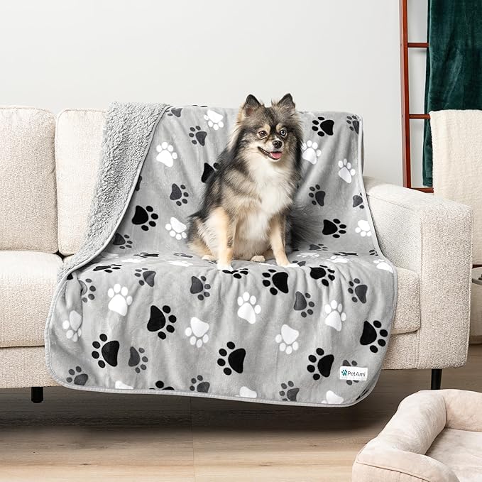 PetAmi Waterproof Dog Blanket for Medium Large Dogs, Pee Proof for Couch Bed, Reversible for Puppy Indoor Cat, Soft Fleece Washable, 40x60 Paw Gray