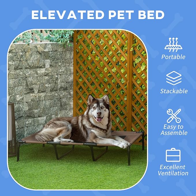 PawHut XL Elevated Dog Bed Outdoor Raised Dog Bed w/Carry Bag Tan | Portable Pet Cot, Metal Frame, Breathable Mesh, Indoor and Outdoor