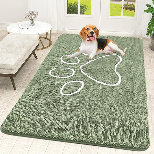 OLANLY Door Mat for Muddy Dog Paws 59x35, Ultra Absorbent Chenille Mud Doormat with Paw Print Design, Non-Slip Washable Doormat for Indoor Entryway, Quick-Dry Pet Bed Mats for Dirty Dogs, Sage Green