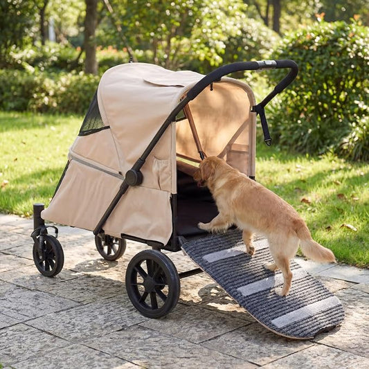 LAUSAINT HOME 4 Wheels Pet Stroller, Foldable Extra Large Dog Stroller for Medium & Large Dogs/Cats with Built-in Access Ramp, Dog Carrier Cat Stroller with Breathable Mesh, Khaki