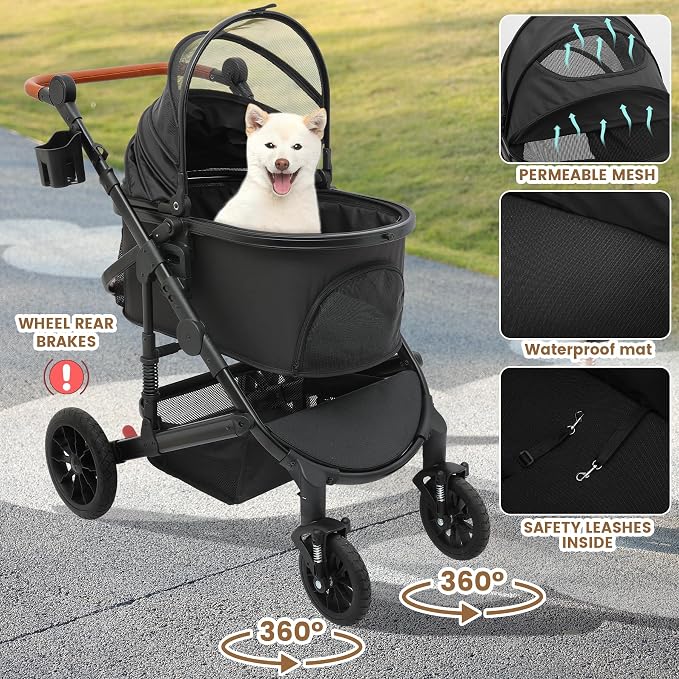Bicystar Dog Stroller with Detachable Carrier, Rubber Wheels, 50 lbs, Black | 3-in-1 stroller and car seat, real solid rubber wheels, fits 2 small or 1 medium pet, foldable frame