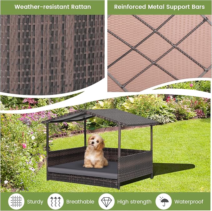 Tangkula Wicker Dog House, Indoor Outdoor Raised Rattan Dog Bed w/Removable Cushion, Washable Cover, Weatherproof Roof, Rattan Puppy Shelter w/Elevated Floor for Small Medium Dogs (Grey)
