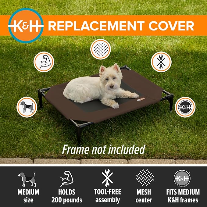 K&H Outdoor Elevated Dog Bed Pet Cot Replacement Cover, Medium, Chocolate | Designed to fit K&H Medium Pet Cots (Sold Separately), Indoor Outdoor Dog Bed, Breathable Mesh Center, Machine Wash, 32x25in