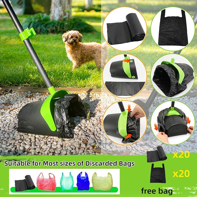 Pooper Scooper Swivel Bin & Rake & Spade Kit with Waste Bags, Max 50" Long Handle Adjustable Portable Non-Breakable for Large Medium Small Dogs, Dry and Wet Poop，Lawn Yard Dog Kennel