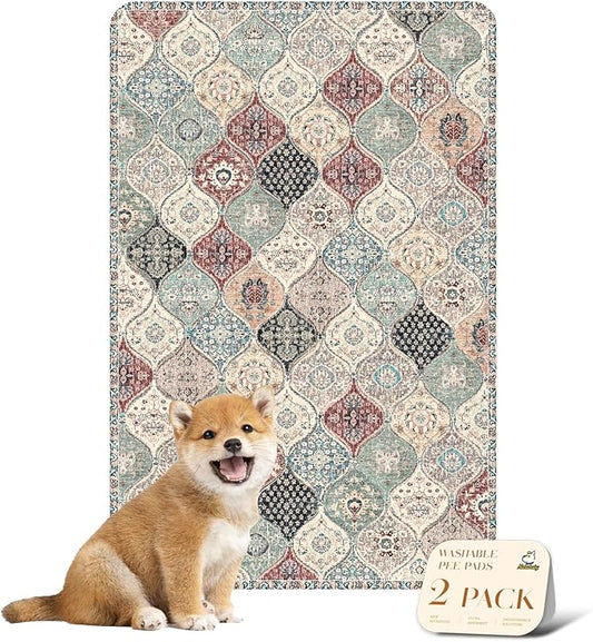 nunubaby Washable Pee Pads for Dogs, Stylish, Non-Slip and Leak-Proof Pee Pads. Reusable Potty Pads for Dogs for Crates and Floors.(Dark Red/Multi, 24" x36" )