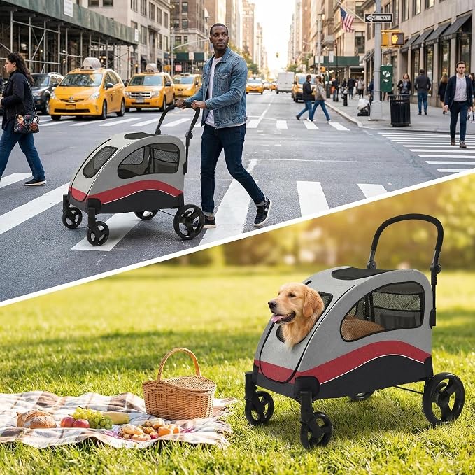 Garvee Extra Large Dog Stroller with Steel Pipe Frame, Wheels, Brakes, Shock Absorption, Foldable Design - Red