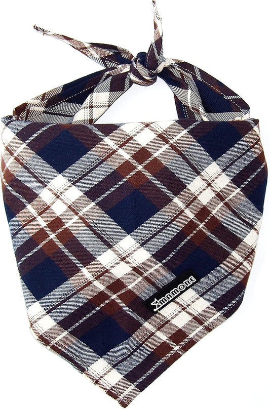 Adjustable Plaid Dog Bandanas,1PC Soft Washable Cotton Triangle Bib Kerchief Scarfs for Small Medium Large Dogs and Cats (Brown&Blue, Large)