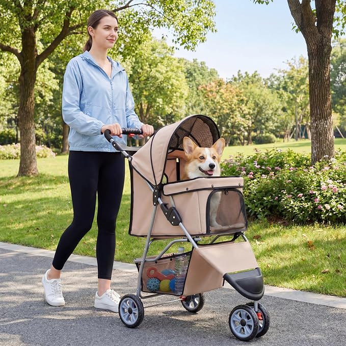 Giantex 3 Wheel Foldable Dog Stroller for Small Dogs Cats, Lightweight Pet Stroller with Lockable Wheels, One-Hand Quick Fold, Mesh Windows, Safety Leash & Storage Basket, Pet Travel Stroller (Beige)