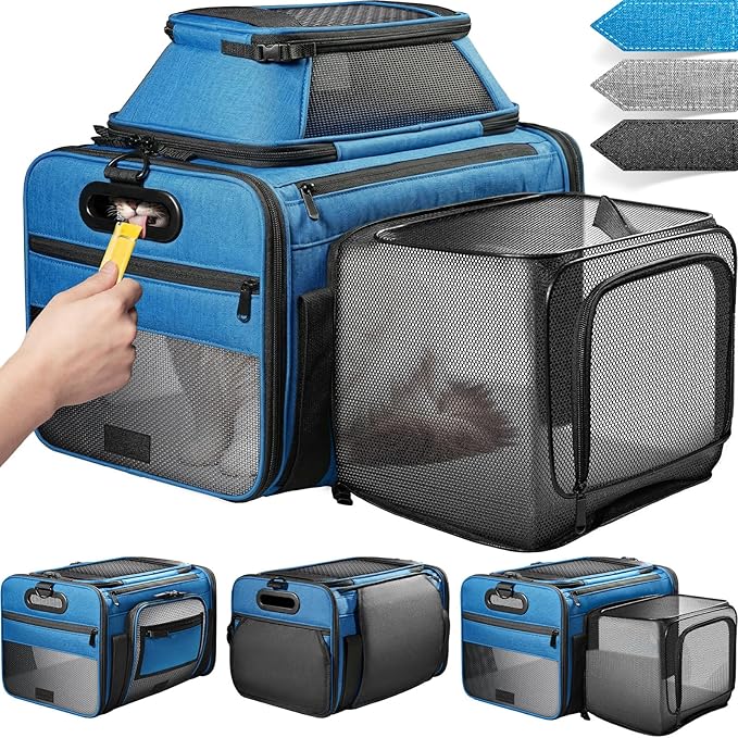 Top and Side Expandable Pet Carrier with Treat & Pet Window,18x11x11 Inch Delta American United Airline Approved,Soft-Sided Dog Carrier for Small Dogs and Cats,Travel Cat Carrier with Self-Locking