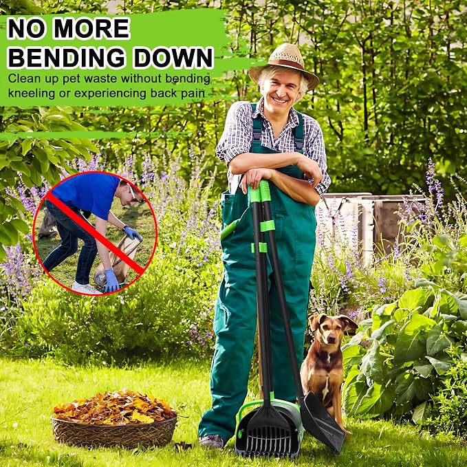 Pooper Scooper Swivel Bin & Rake & Spade Kit with Waste Bags, Max 50" Long Handle Adjustable Portable Non-Breakable for Large Medium Small Dogs, Dry and Wet Poop，Lawn Yard Dog Kennel