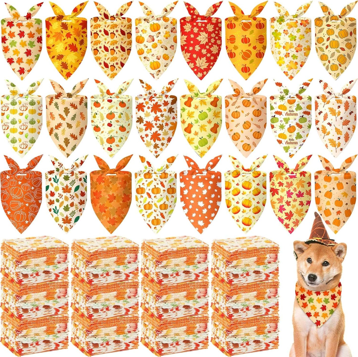 500 Pcs Fall Bandanas for Dogs Autumn Dog Bandanas with Maple Leaves Pumpkin Patterns Soft Bibs Adjustable Triangle Doggie Scarf for Small Medium Large Pet Costume 25.6 x 17.7 x 17.7 Inch