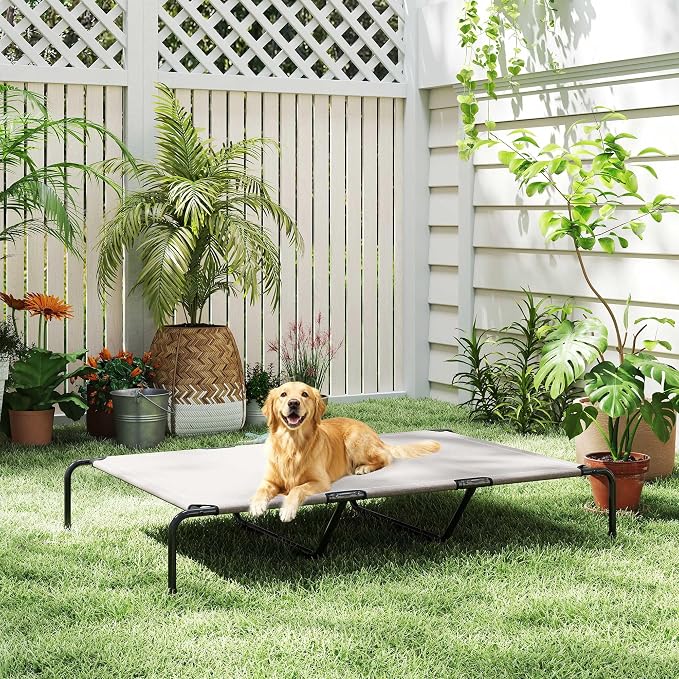 PawHut Elevated Dog Bed for Large Breeds Easy to Assemble 60" L Beige | Outdoor Dog Bed, No Tools Required, Portable Raised Pet Cot, Steel Frame and Breathable Mesh