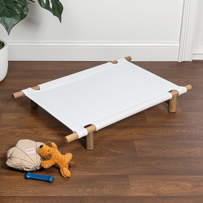DBD5000A Chester 32" Modern Minimalist Wood Frame Elevated Outdoor Dog Bed, Snow/Light Teak