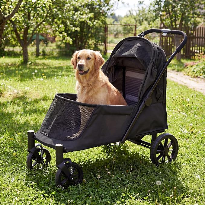 LAUSAINT HOME 4 Wheels Pet Stroller, Foldable Oversized Dog Stroller for Medium & Large Dogs with Built-in Access Ramp, Lightweight Dog Cat Carrier with Breathable Mesh Cover, Khaki