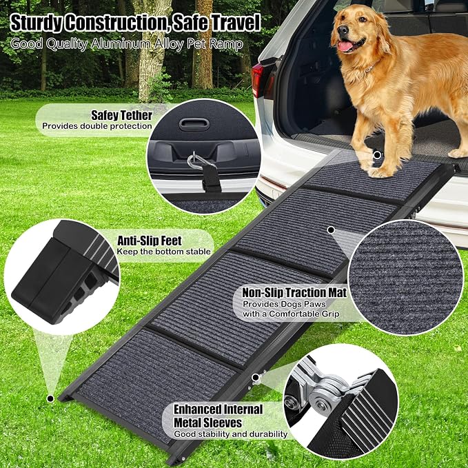 GaliGali Dog Ramp for Car Portable Folding Pet Stair 62" Long & 17.3" Wide | Ramp with Non-Slip Carpet, Wider Dog Stair Allow Medium to Large Dogs Up to 250 lbs to Enter Car, SUV and Truck