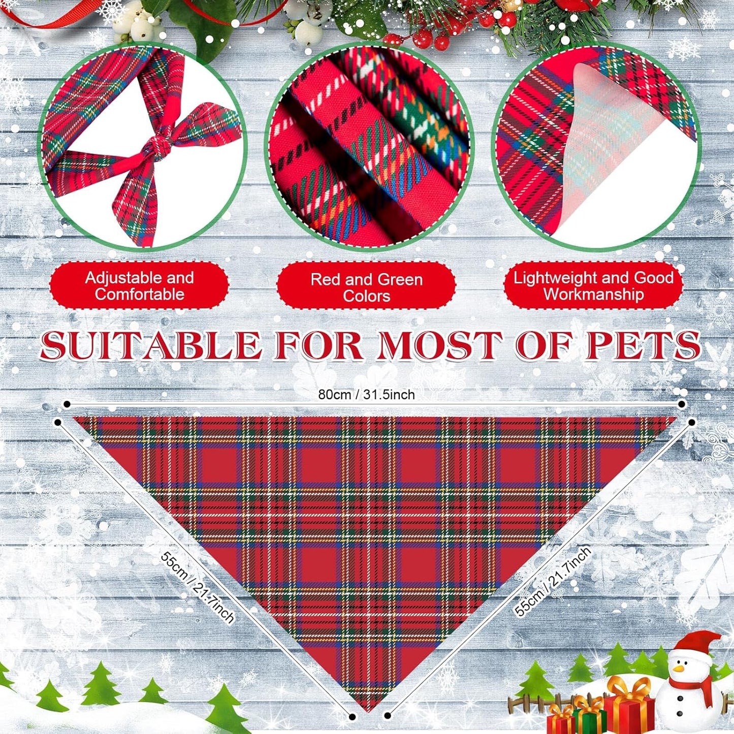 Weewooday 50 Pcs Christmas Dog Bandanas Bulk Xmas Red Green Buffalo Plaid Bandanas for Dogs Soft Bibs Adjustable Triangle Scarf for Small Medium Large Pets Costume (31.5 x 21.7 x 21.7 Inch)