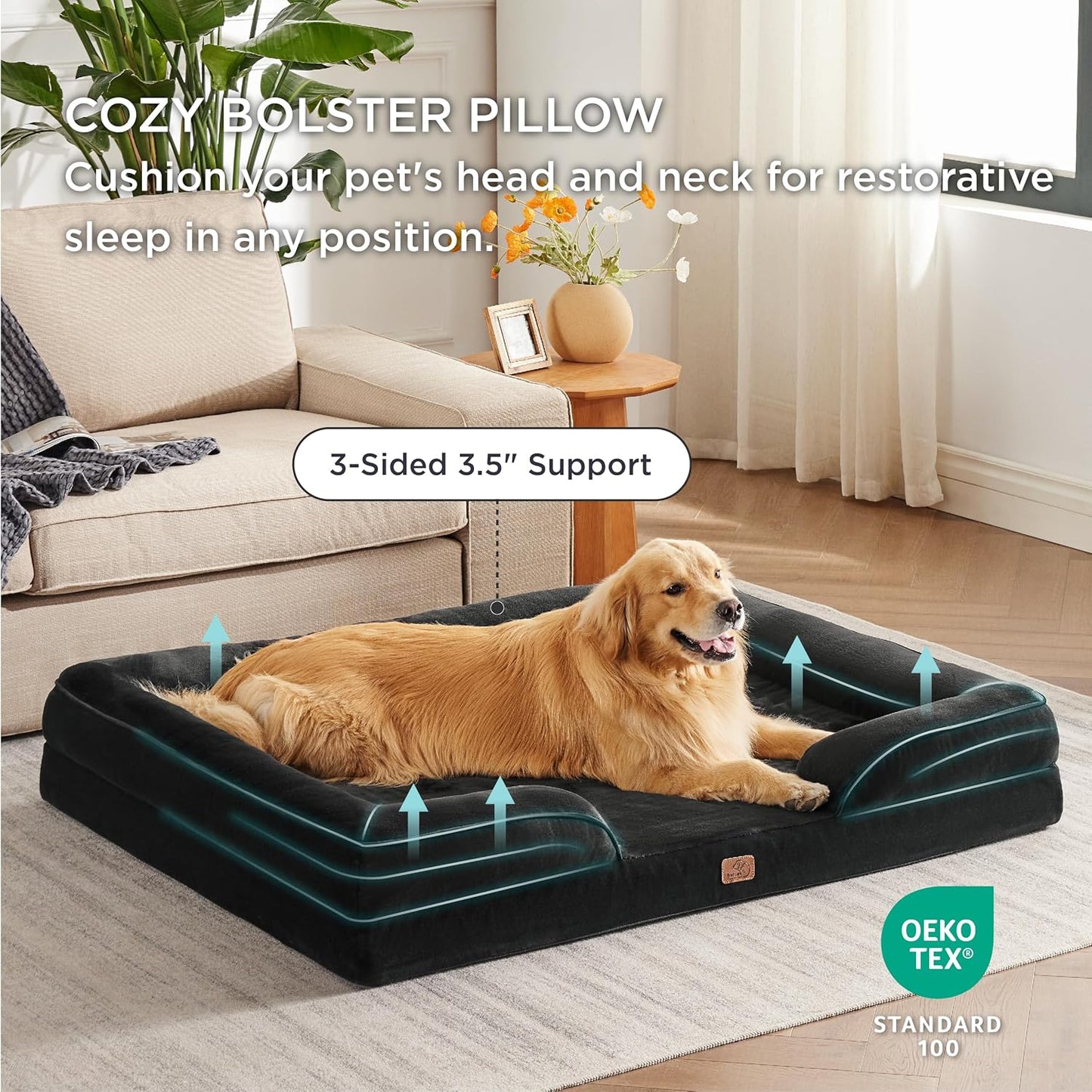 Bedsure XXL Orthopedic Dog Bed for Extra Large Dogs - Washable Giant Dog Cat Bed Waterproof, Comfort Dogs Couch Sofa with Washable Removable Cover, Pet Bed with Nonskid Bottom, Black, 52"
