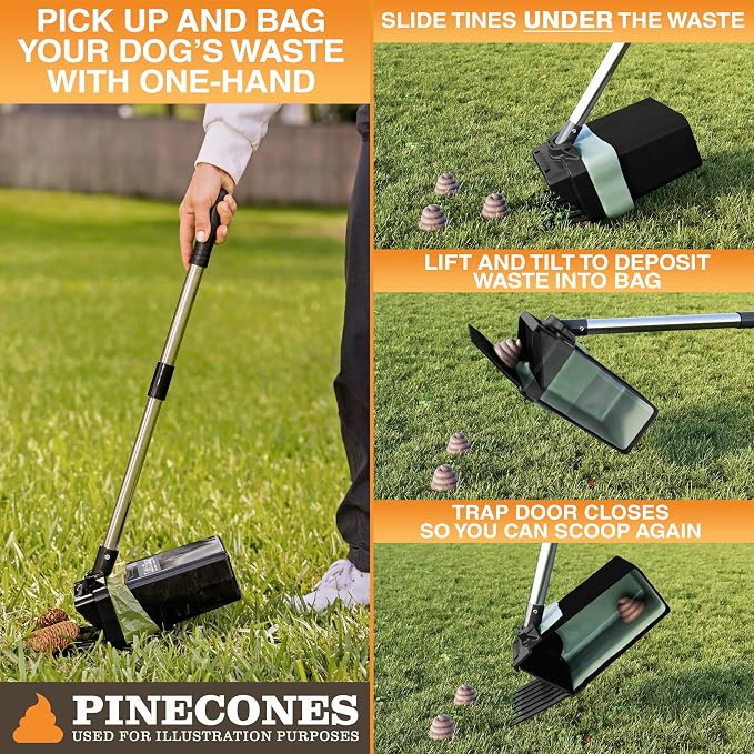 Neater Pet Brands Lift N’ Bag 2.0 Dog Pooper Scooper with Bag Attachment & 31" Pole for Small to Large Dogs, New Longer Pole, 15 Refill Bags, Heavy Duty Dog Poop Scooper for Yard, One-Hand Use
