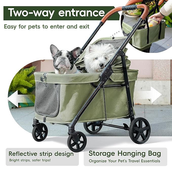 Dog Stroller for 2 Small Dogs or 1 Medium Pet, Low-Entry Design with Anti-Jump-Out, 600D Oxford Fabric, Up to 70 lbs, Green