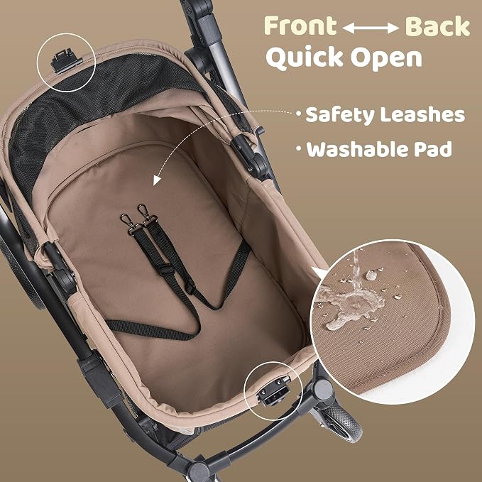 All-Terrain Dog Stroller for Small to Medium Dogs, Pet Stroller for Dogs & Cats Outdoor Walks, One-Hand Easy Fold, Double-Layer Anti-UV & Waterproof Canopy & Breathable Mesh, Mocha Brown