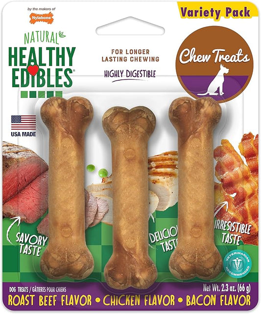 Nylabone Healthy Edibles Natural Dog Chews, Long Lasting Bones for Dogs, Roast Beef & Chicken Flavor Dog Treats, X-Small (3 Count)