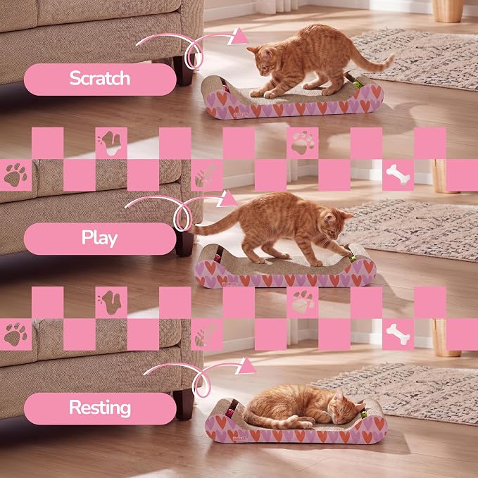 Rini 23.75" Modern Corrugated Cardboard Lounge Bed with Built-in Bell Toys and Catnip, Ergonomic Curved Sofa Scratcher for Indoor Cats, Mint/Green CSR1003E