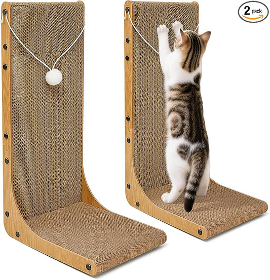 Value 2-Pack 23.6 Inch L-Shaped Cardboard Cat Scratcher, Dual Use (Vert/Horiz) Scratch Pad with Toy Balls, Wall-Mountable Furniture Protector Cat Scratchers for Indoor Cats