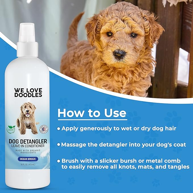 We Love Doodles Dog Dematting Brush & Rake, Dog Detangler Spray (Ocean Breeze) for Dogs, Bundle - Stainless Steel Blades - Made in the USA